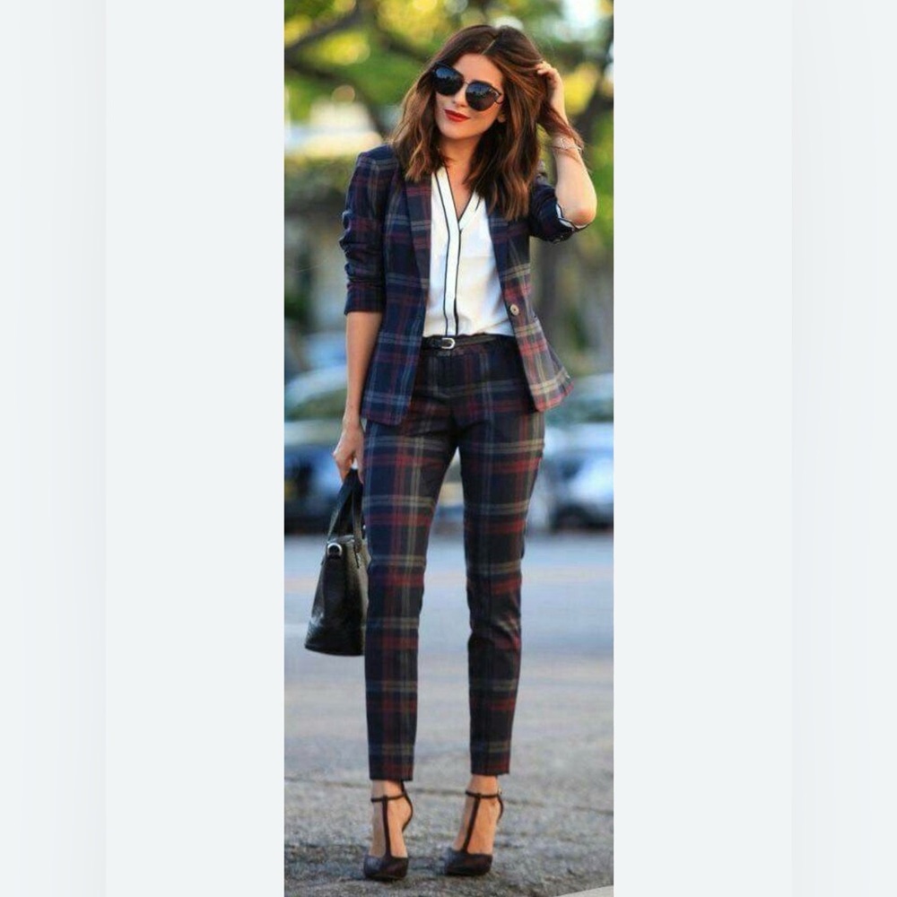 Express Plaid Navy and Burgundy Tailored Trousers